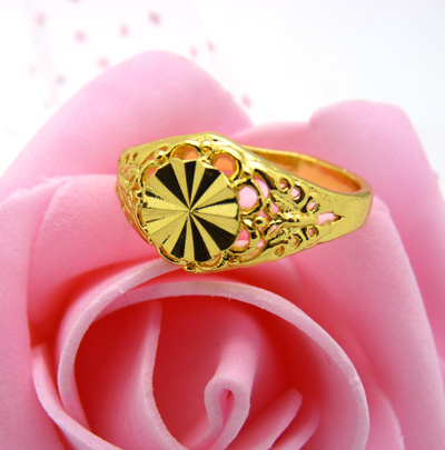 24K黄金戒指 潮流女 千足金镀黄金戒指精致车花戒指 结婚饰品 4号