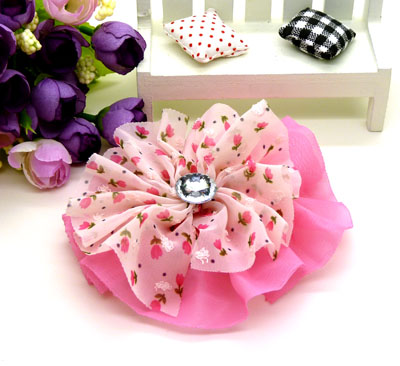 韩版发饰品 手工雪纺印花荷叶边蝴蝶结 珍珠发夹边夹顶夹头花发圈