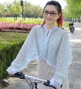 小清新骑车防紫外线防晒披肩雪纺蕾丝防晒衫短外套空调衫披肩沙滩衫