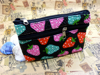 新款U草莓款钱包牛皮双拉链零钱包/硬币包/钥匙包批发