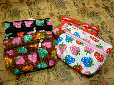 新款U草莓款钱包牛皮双拉链零钱包/硬币包/钥匙包批发	