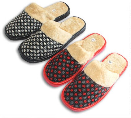 井字带毛棉麻毛绒保暖拖鞋--混色	