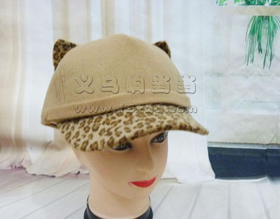 韩版恶魔猫耳朵女士绒毛棒球帽豹纹 -秋冬韩国潮帽子