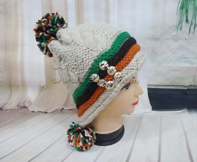 韩版可爱球球毛线帽子拼色个性帽子 -手工针织帽