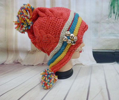 韩版可爱球球毛线帽子拼色个性帽子 -手工针织帽