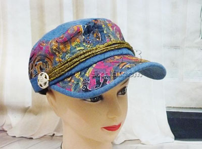 韩版潮帽时尚民族风平顶军帽 -时尚牛仔印花帽	