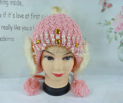韩版潮可爱针织毛线帽 秋冬天女士时尚护耳帽子 -毛球珍珠钻帽