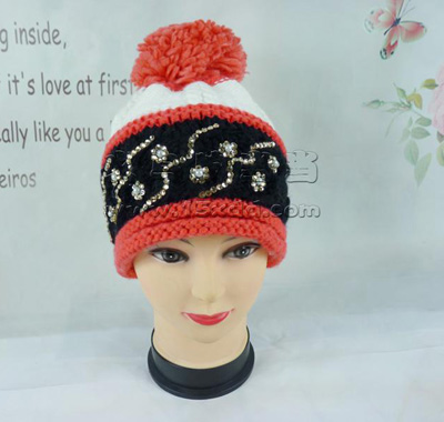 韩版毛线帽防寒保暖帽 顶部带毛球帽 -新款水钻毛线帽	