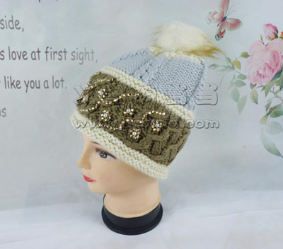 韩版毛线帽防寒保暖帽 顶部带毛球帽 -新款水钻毛线帽