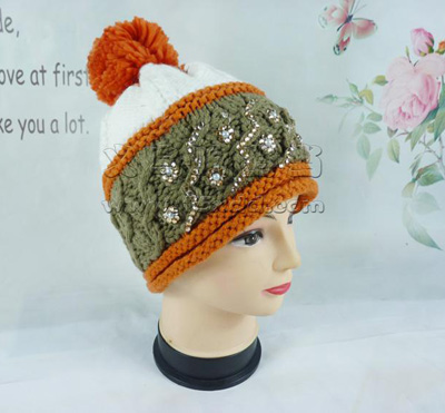 韩版毛线帽防寒保暖帽 顶部带毛球帽 -新款水钻毛线帽