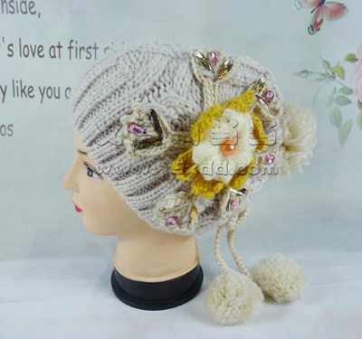 新款帽子女冬季潮针织花水钻帽子 -手工毛线帽子	