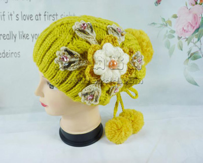 新款帽子女冬季潮针织花水钻帽子 -手工毛线帽子