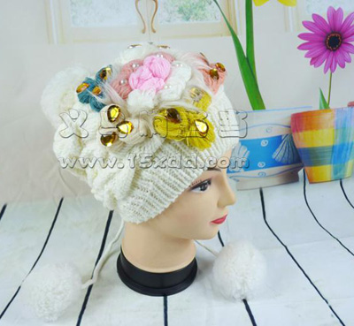 新款韩版潮时尚冬季保暖护耳针织帽珍珠镶钻女士女生帽子