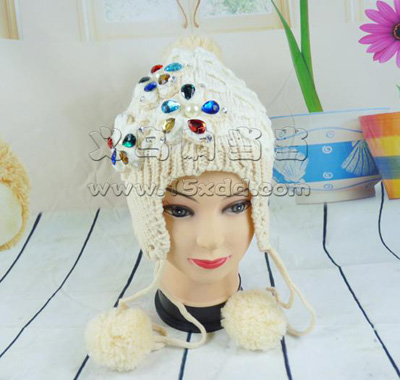 韩版潮毛线帽 女士保暖针织帽 -珍珠镶钻可爱护耳帽	