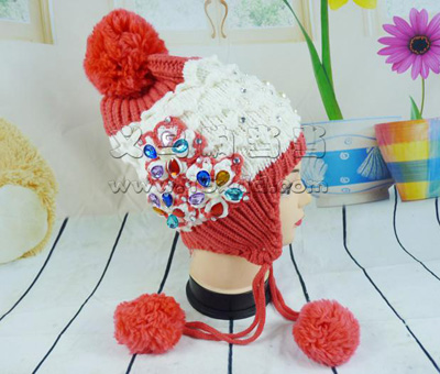 韩版潮毛线帽 女士保暖针织帽 -珍珠镶钻可爱护耳帽	