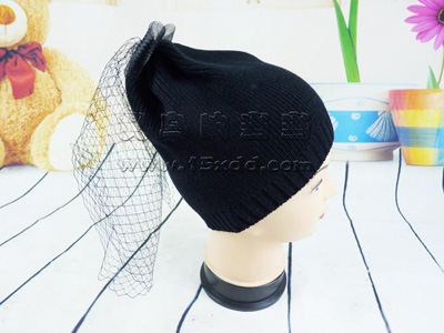 欧美风复古网纱蝴蝶结面纱针织毛线帽子 -时尚潮女士帽
