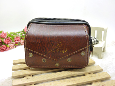 男式翻盖飞机印皮革多功能棕色双层手机腰包烟包 运动包