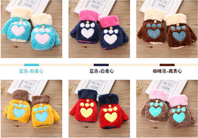 新款潮流加厚保暖卡通毛绒可翻盖露半指猫爪手套