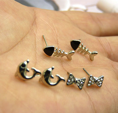 批发韩式耳钉海豚 小鱼 蝴蝶结合金耳钉三件套