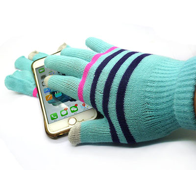 新品冬季保暖毛线针织手套条纹触摸屏分指情侣男女手套